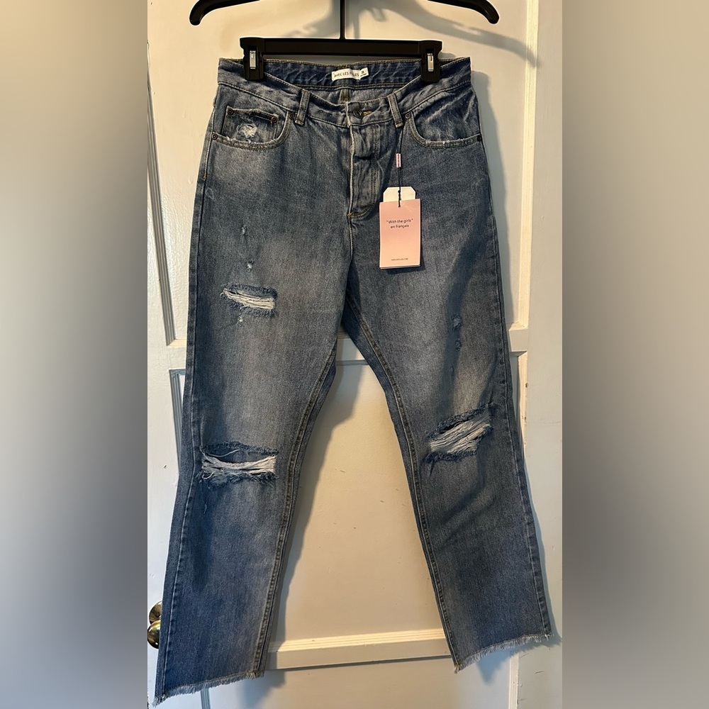 Avec Les Filles High-Rise Distressed Straight Jeans - Medium Blue